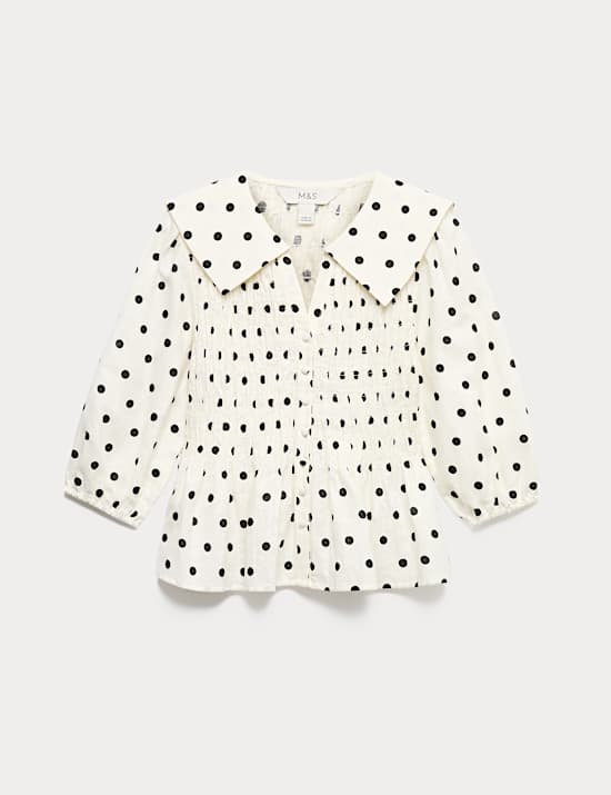 Gemusterte Bluse mit hohem Leinenanteil und Raffung