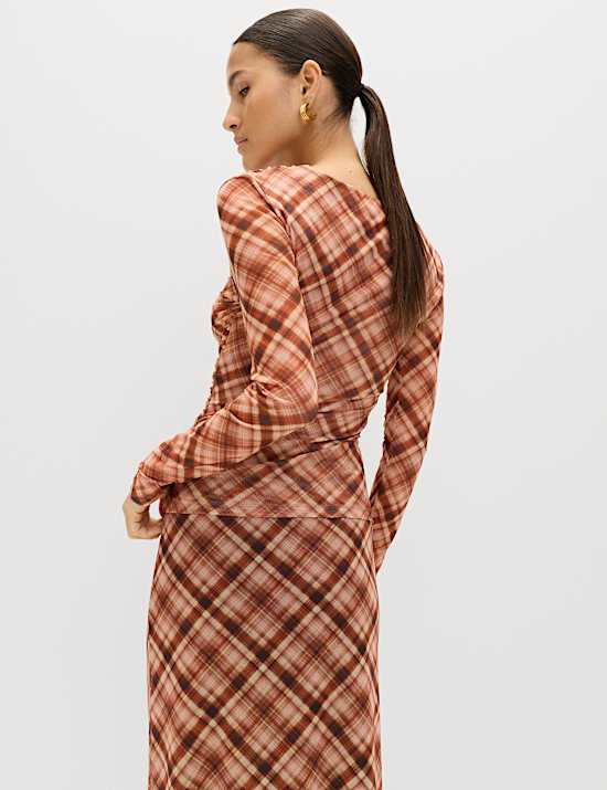 Mesh Jersey Checked V-Neck Wrap Top