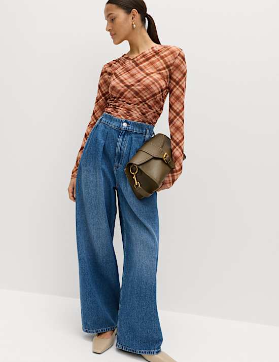 Mesh Jersey Checked V-Neck Wrap Top