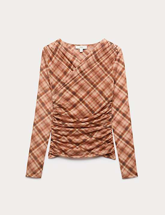 Mesh Jersey Checked V-Neck Wrap Top