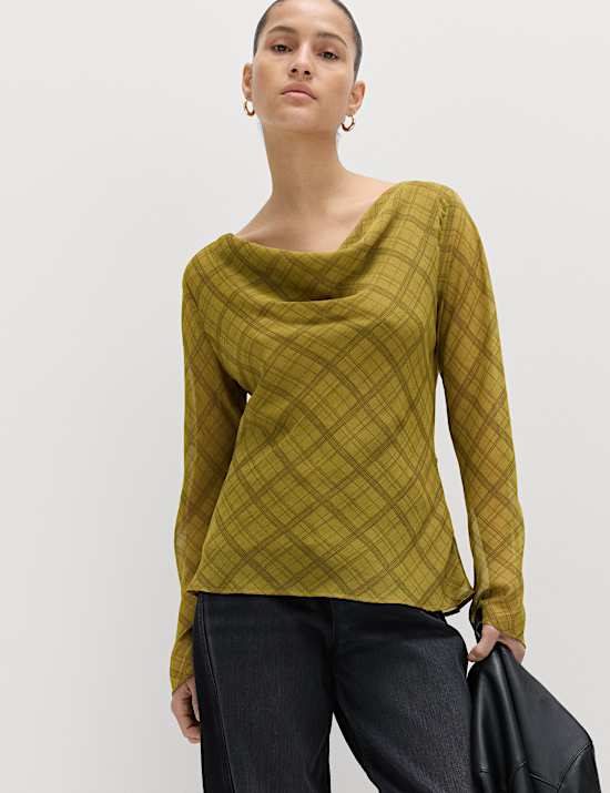 Checked Cowl Neck Top