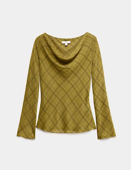 Checked Cowl Neck Top