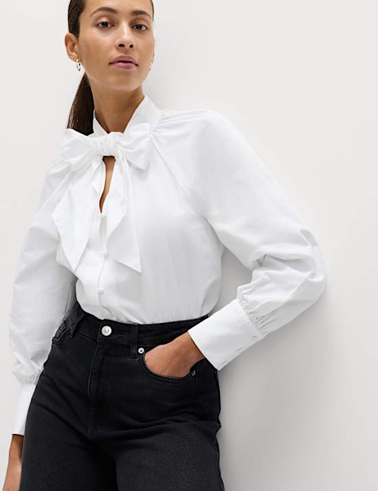 חולצה מכותנה טהורה עם קשירת פפיון בצווארון