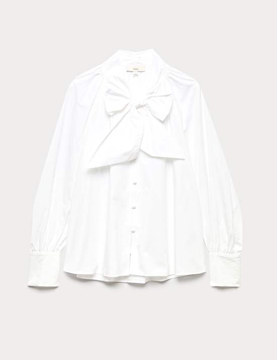 חולצה מכותנה טהורה עם קשירת פפיון בצווארון