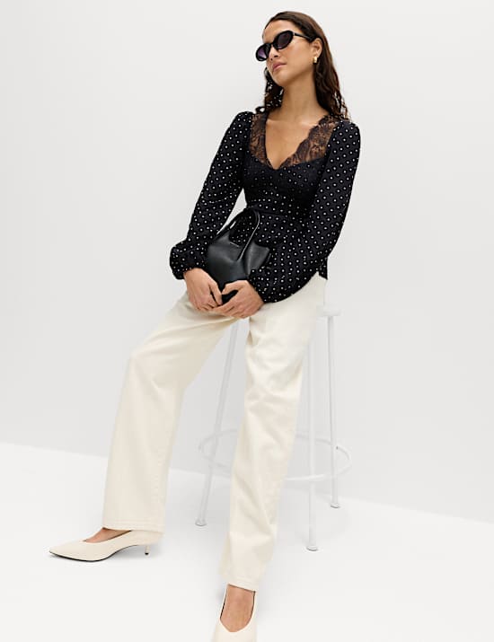 Polka Dot Lace Insert Tie Detail Top