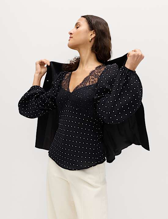Polka Dot Lace Insert Tie Detail Top