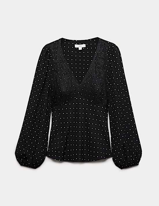 Polka Dot Lace Insert Tie Detail Top