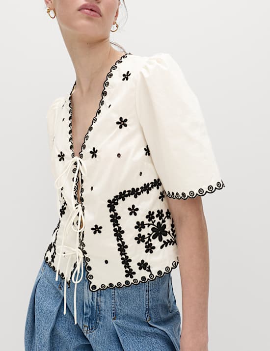 Pure Cotton Embroidered Tie Detail Top