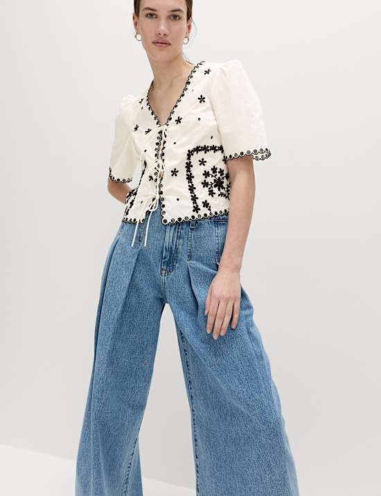 Pure Cotton Embroidered Tie Detail Top