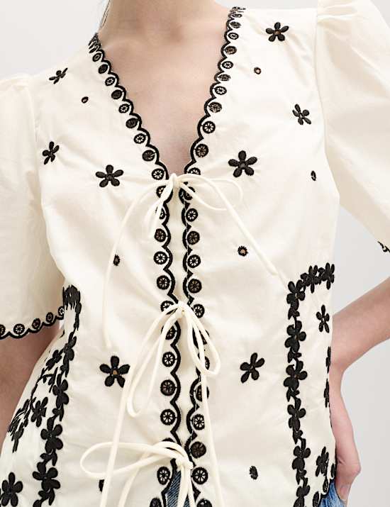 Pure Cotton Embroidered Tie Detail Top