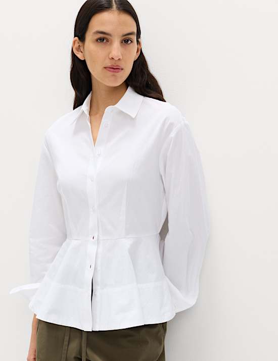 Pure Cotton Button Through Peplum Shirt