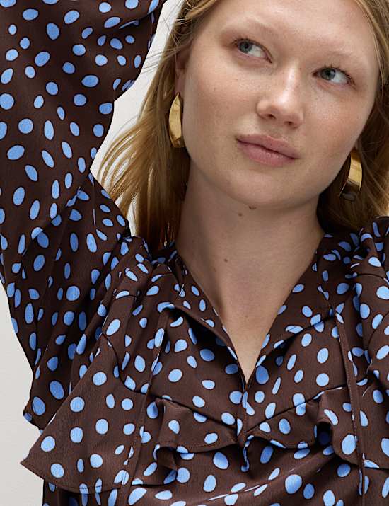 Spot Print Tie Front Frill Detail Top