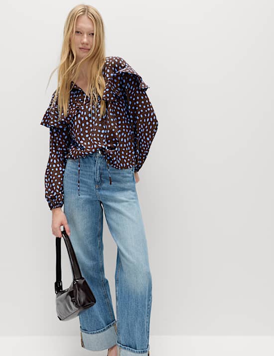 Spot Print Tie Front Frill Detail Top