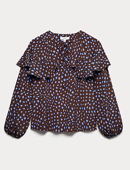 Spot Print Tie Front Frill Detail Top