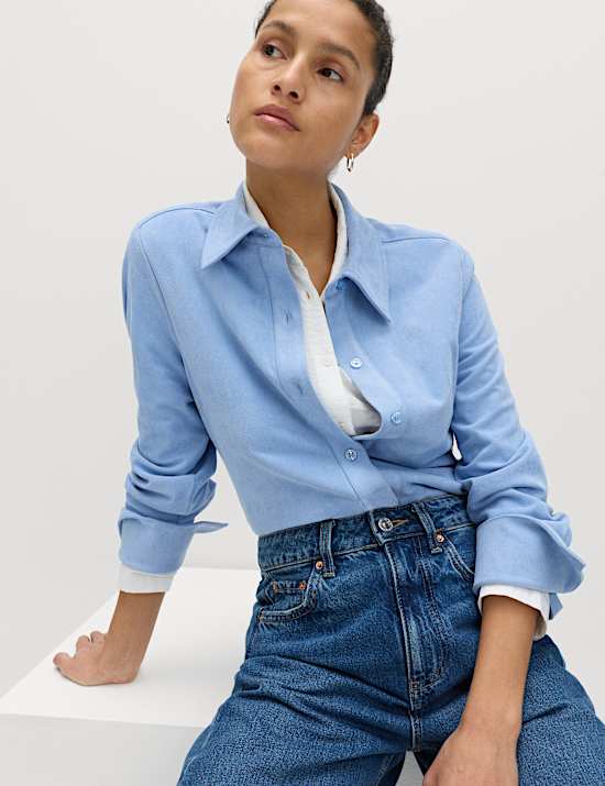 Faux Suede Collared Button Through Shirt