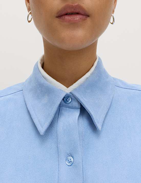Faux Suede Collared Button Through Shirt