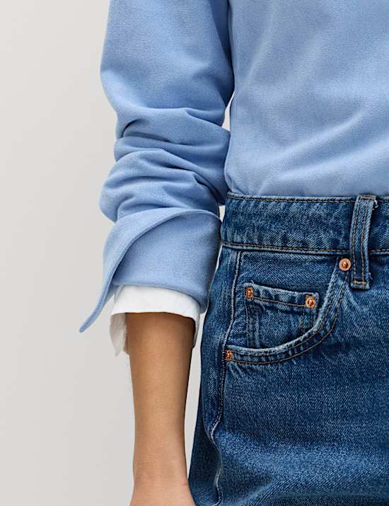 Faux Suede Collared Button Through Shirt