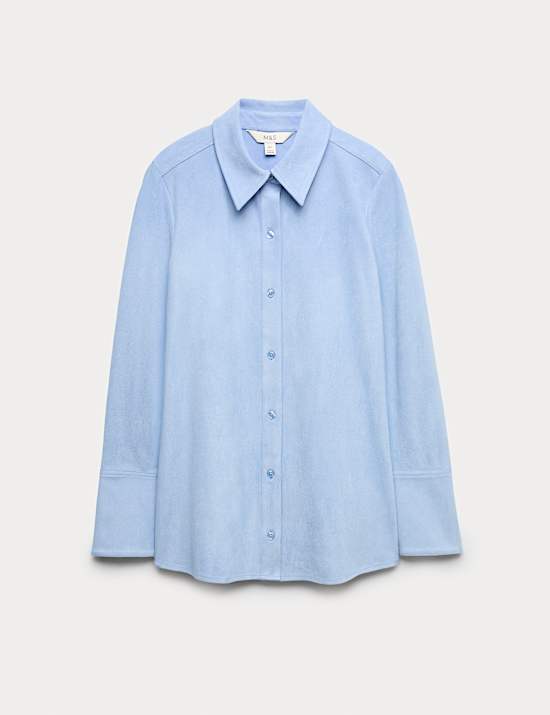 Faux Suede Collared Button Through Shirt
