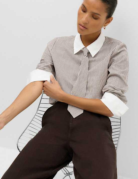 Pure Cotton Striped Tie Detail Shirt