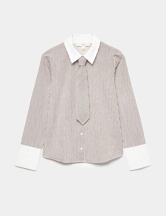 Pure Cotton Striped Tie Detail Shirt