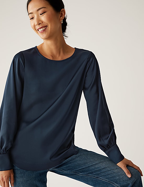 Satin Round Neck Long Sleeve Top
