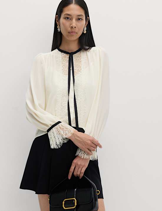 Contrast Tie Neck Frill Sleeve Lace Detail Top