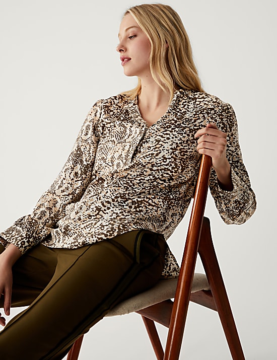 Printed V Neck Popover Blouse