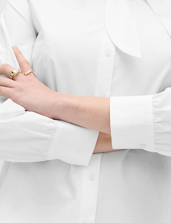 חולצה מכותנה טהורה עם קשירה בצווארון ושרוול בלוזון