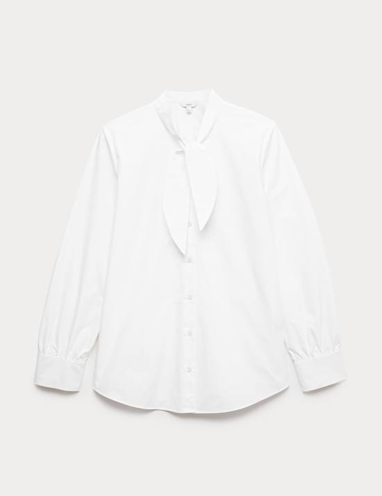 חולצה מכותנה טהורה עם קשירה בצווארון ושרוול בלוזון