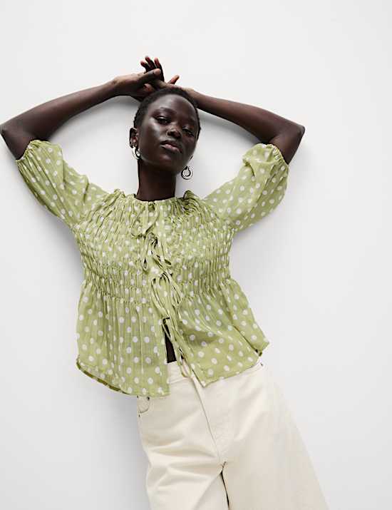 Printed Shirred Tie Detail Puff Sleeve Blouse