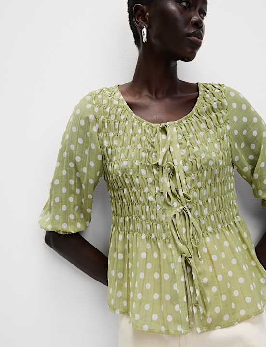 Printed Shirred Tie Detail Puff Sleeve Blouse