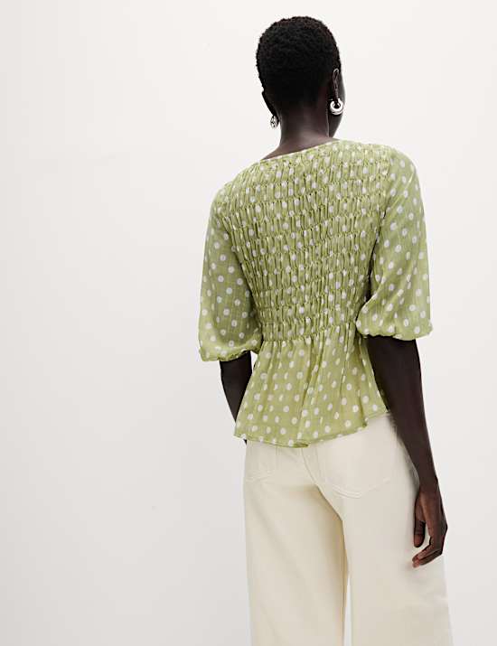 Printed Shirred Tie Detail Puff Sleeve Blouse