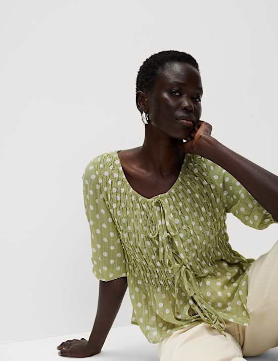 Printed Shirred Tie Detail Puff Sleeve Blouse