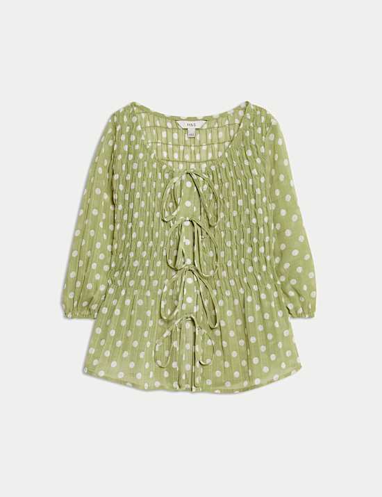 Printed Shirred Tie Detail Puff Sleeve Blouse