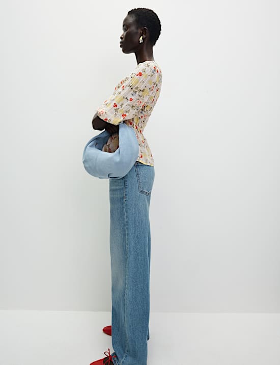 Printed Shirred Tie Detail Puff Sleeve Blouse