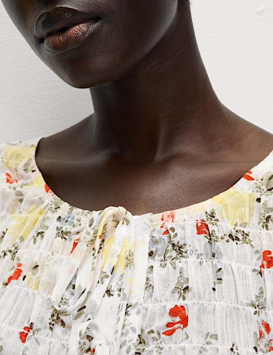 Printed Shirred Tie Detail Puff Sleeve Blouse