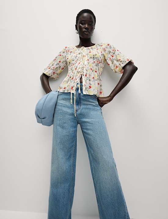 Printed Shirred Tie Detail Puff Sleeve Blouse