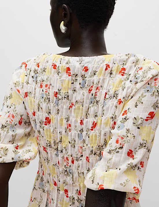 Printed Shirred Tie Detail Puff Sleeve Blouse