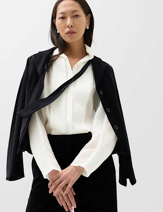 Sheer Collared Pintuck Tie Front Shirt