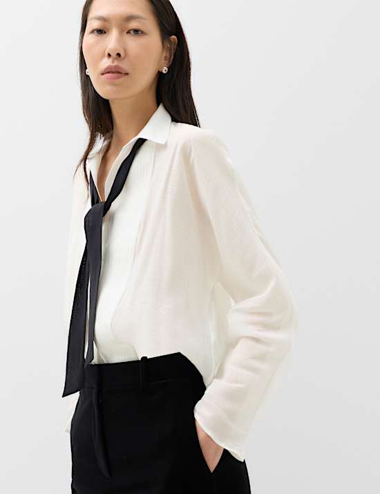 Sheer Collared Pintuck Tie Front Shirt