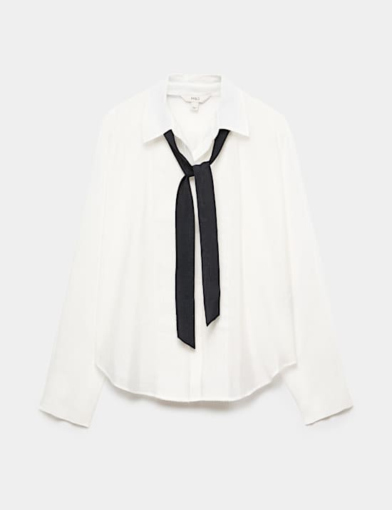 Sheer Collared Pintuck Tie Front Shirt