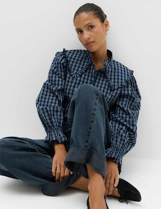Pure Cotton Checked Tie Neck Shirt