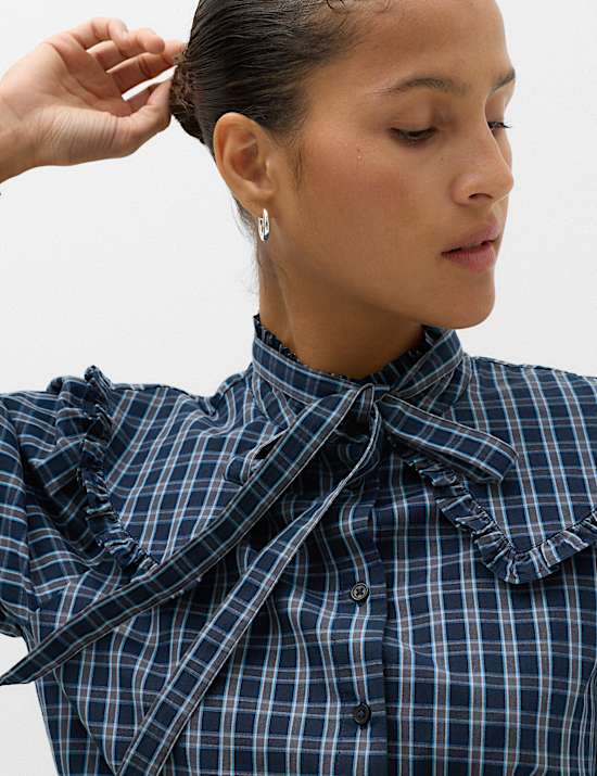 Pure Cotton Checked Tie Neck Shirt