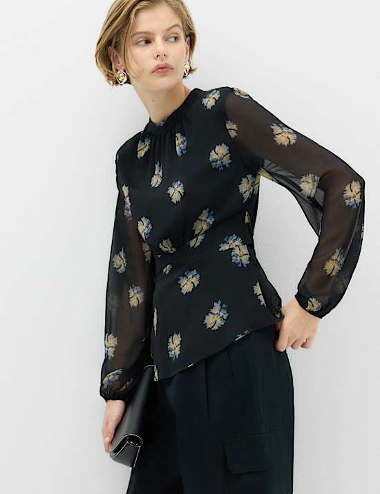 Floral High Neck Button Detail Top