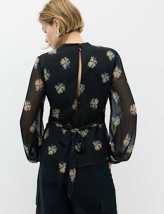Floral High Neck Button Detail Top