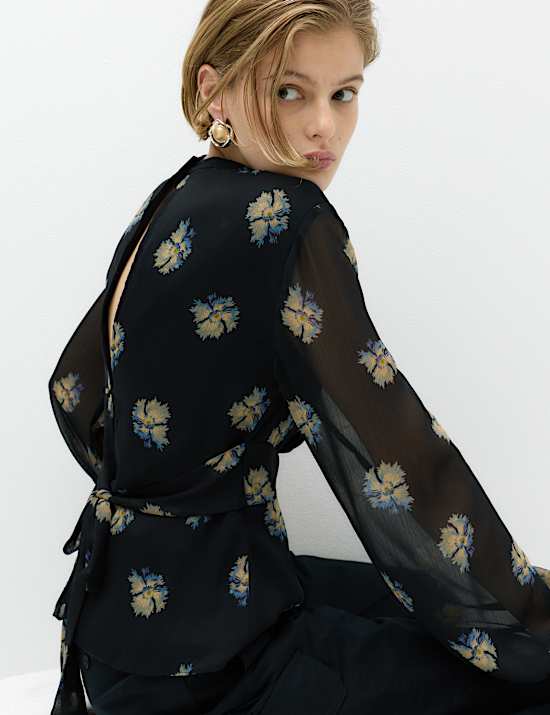 Floral High Neck Button Detail Top