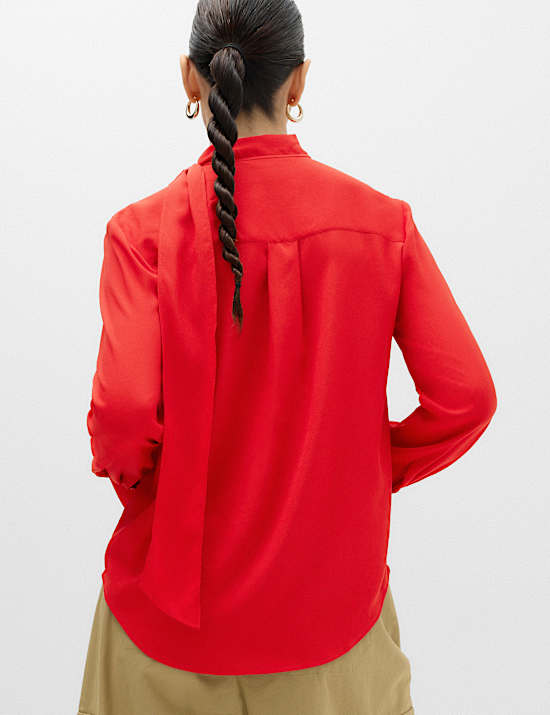 Draped Scarf Neck Button Through Shirt