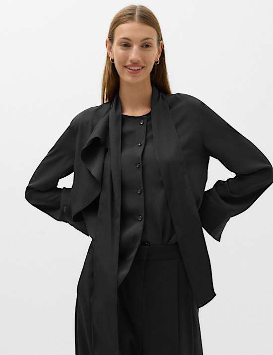Draped Scarf Neck Button Through Shirt