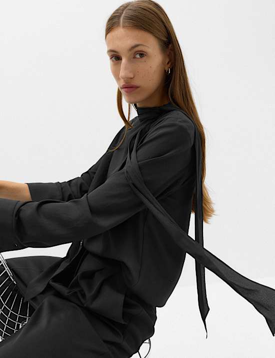 Draped Scarf Neck Button Through Shirt