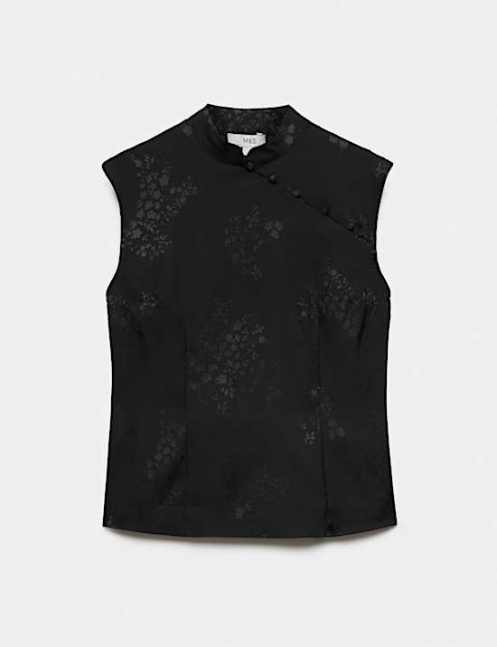 Satin Jacquard High Neck Mandarin Detail Top